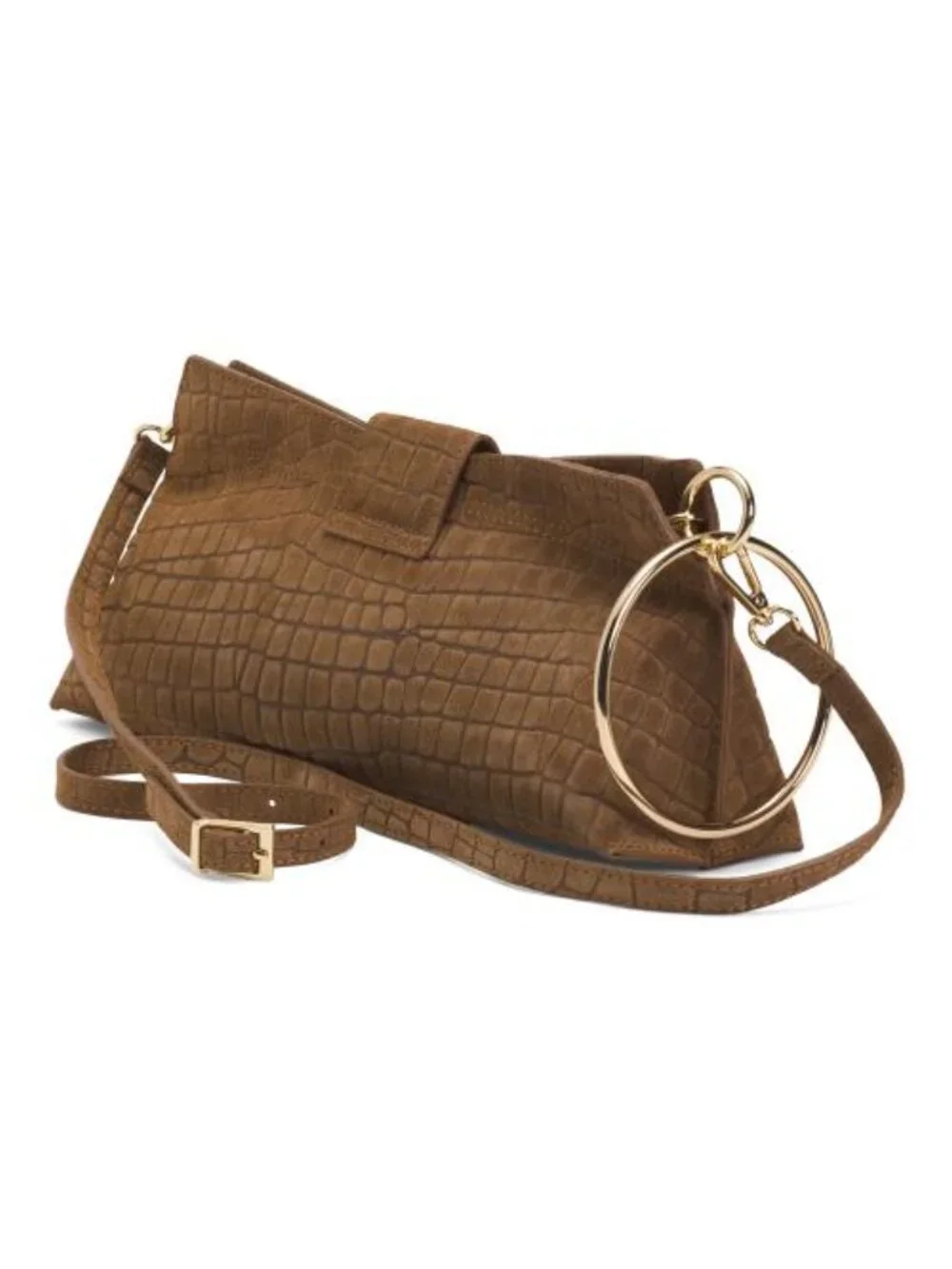 VIOLA CASTELLANI Made In Italy Suede Ring Handle East West Crocodile Clutch