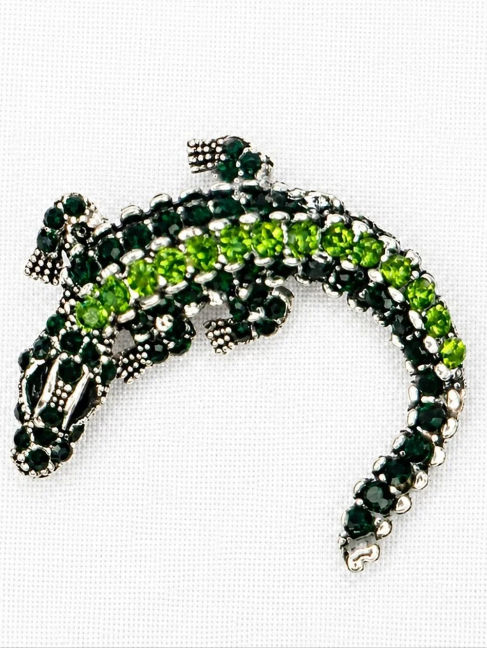 Green Rhinestone Alligator Brooch/ Necklace Convertible Pin Silver Tone NWOT