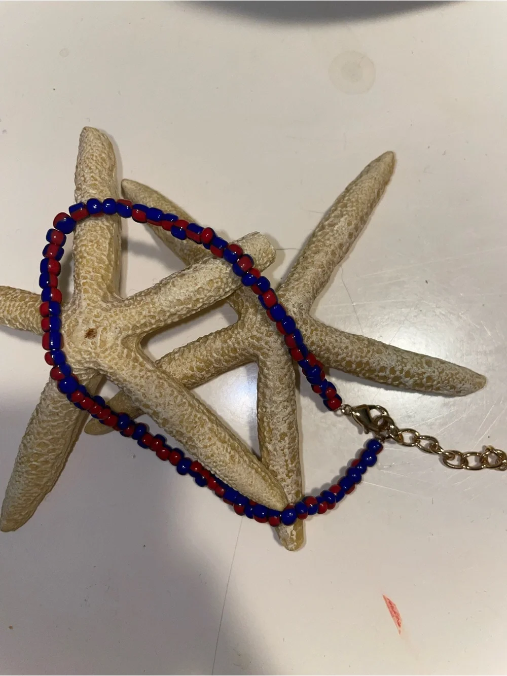 Blue and Red Beaded Bracelet w lobster gold clasp