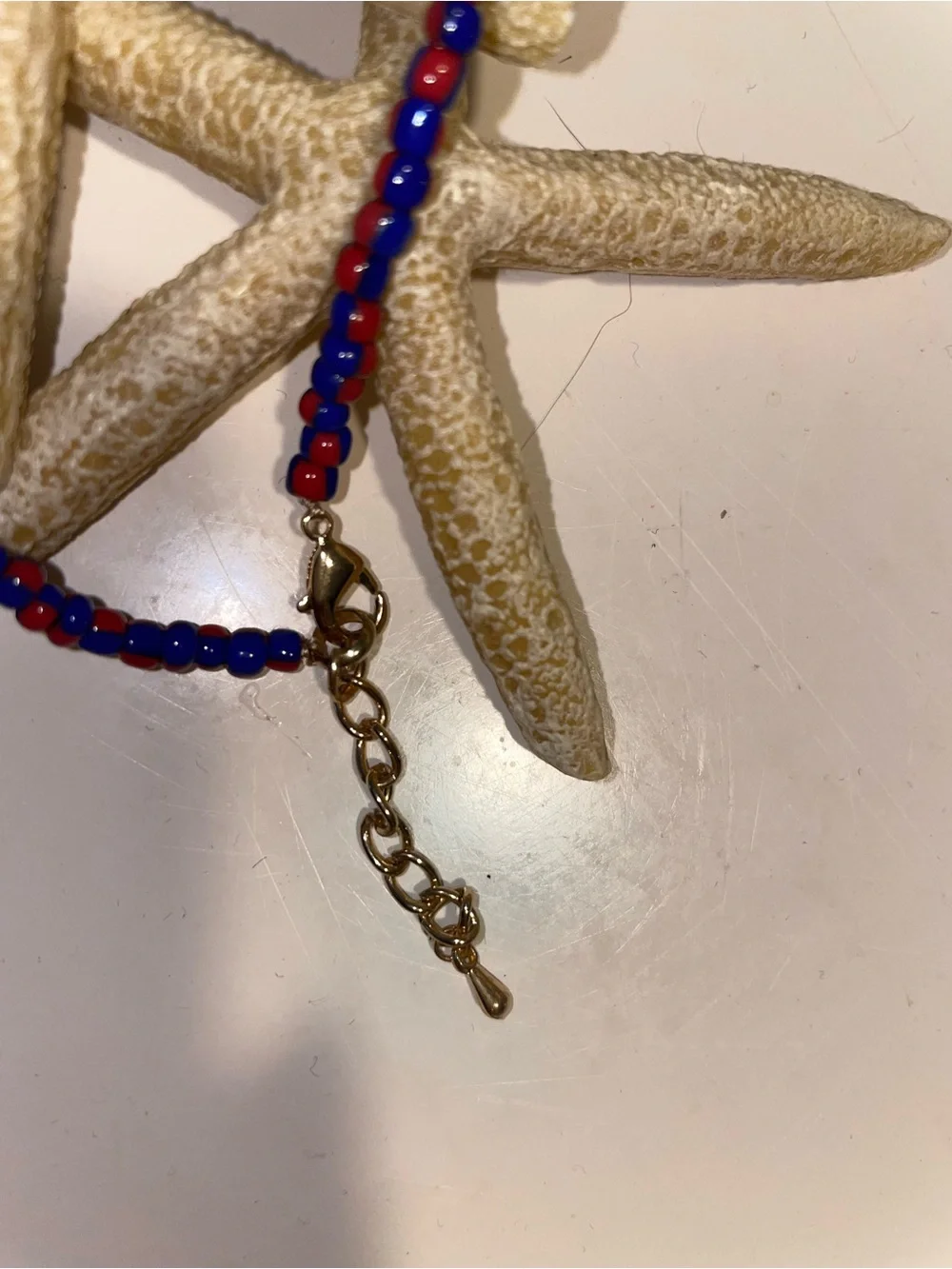 Blue and Red Beaded Bracelet w lobster gold clasp