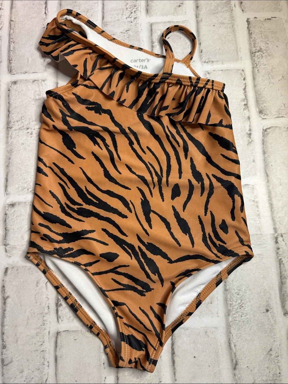 Carter's Girls One-Shoulder Tiger Stripe Swimsuit - Rust and Black