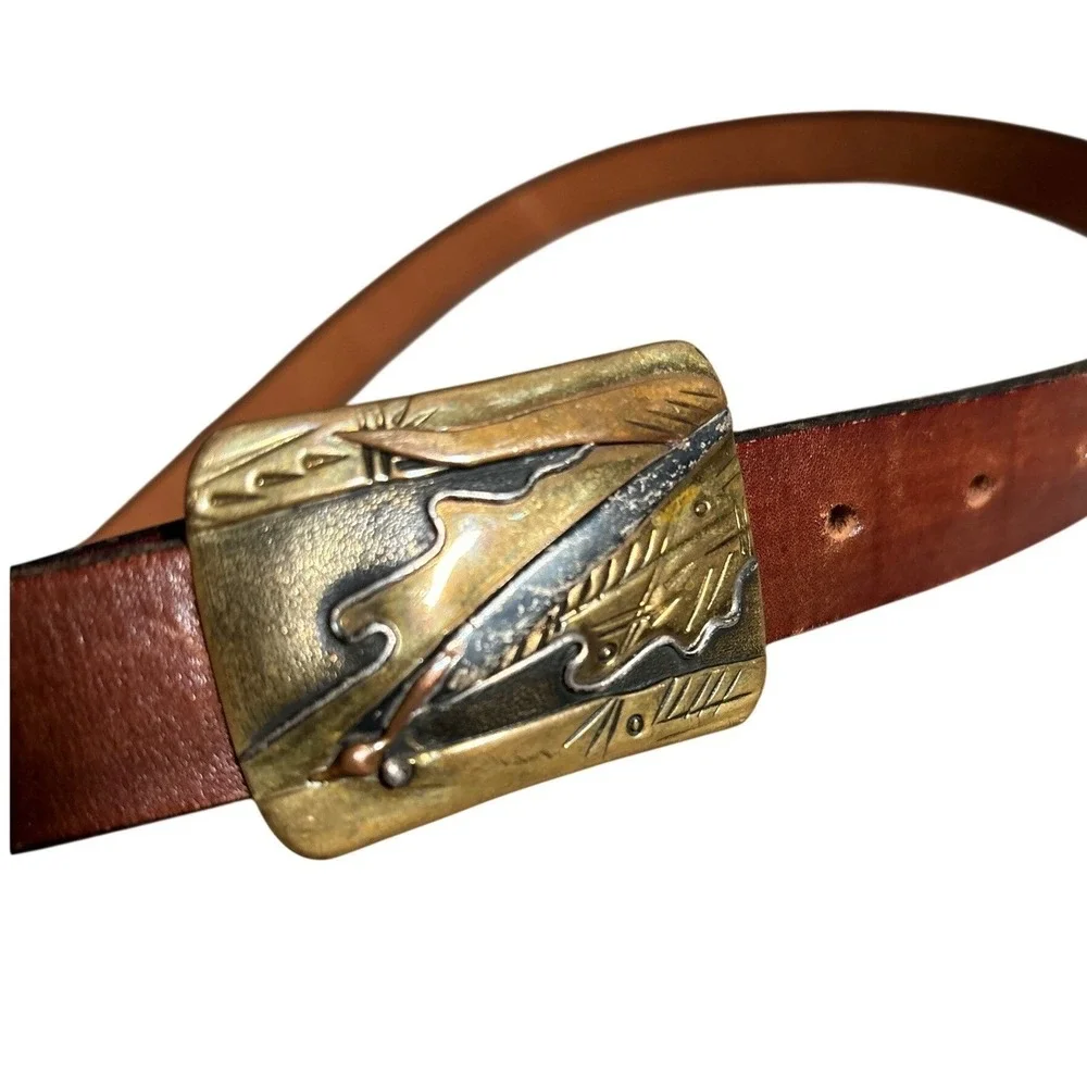 Vintage Brown Leather Belt Mixed Metal Abstract Buckle Boho Southwestern nature