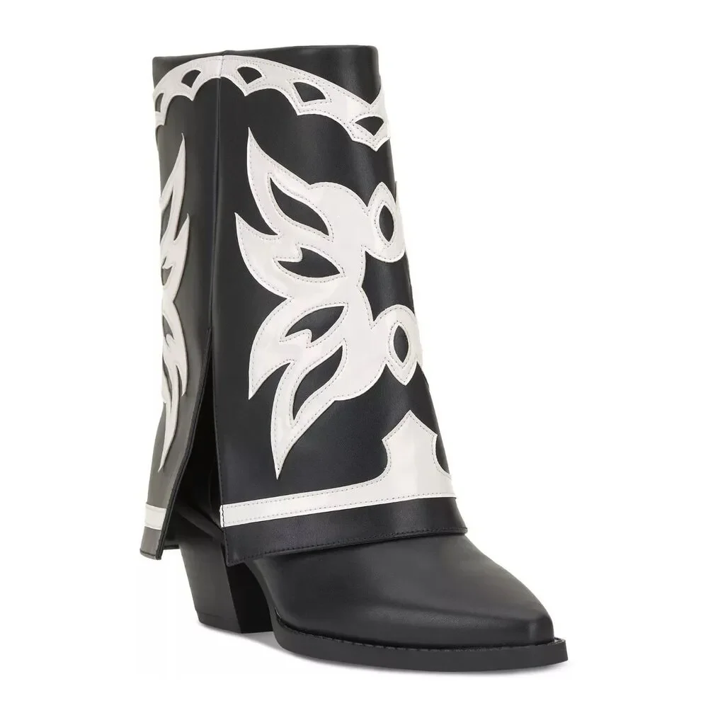 INC Womens 7.5 M Black White Smooth Jadiza Western High Heel Boots DISPLAY QJ9