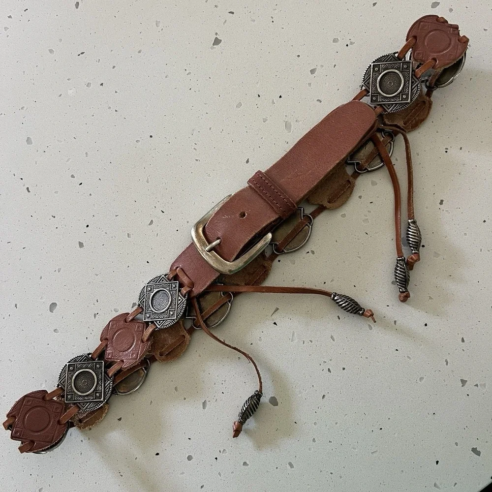 Vintage Genuine Leather Concho Belt Brown Boho Southwestern Silver Medallion L