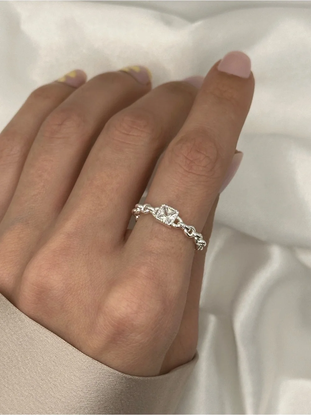 Sterling Silver Chain Ring with Square CZ Accent Minimalist