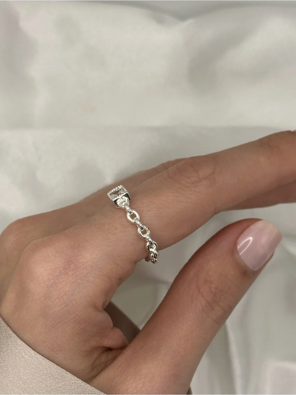 Sterling Silver Chain Ring with Square CZ Accent Minimalist