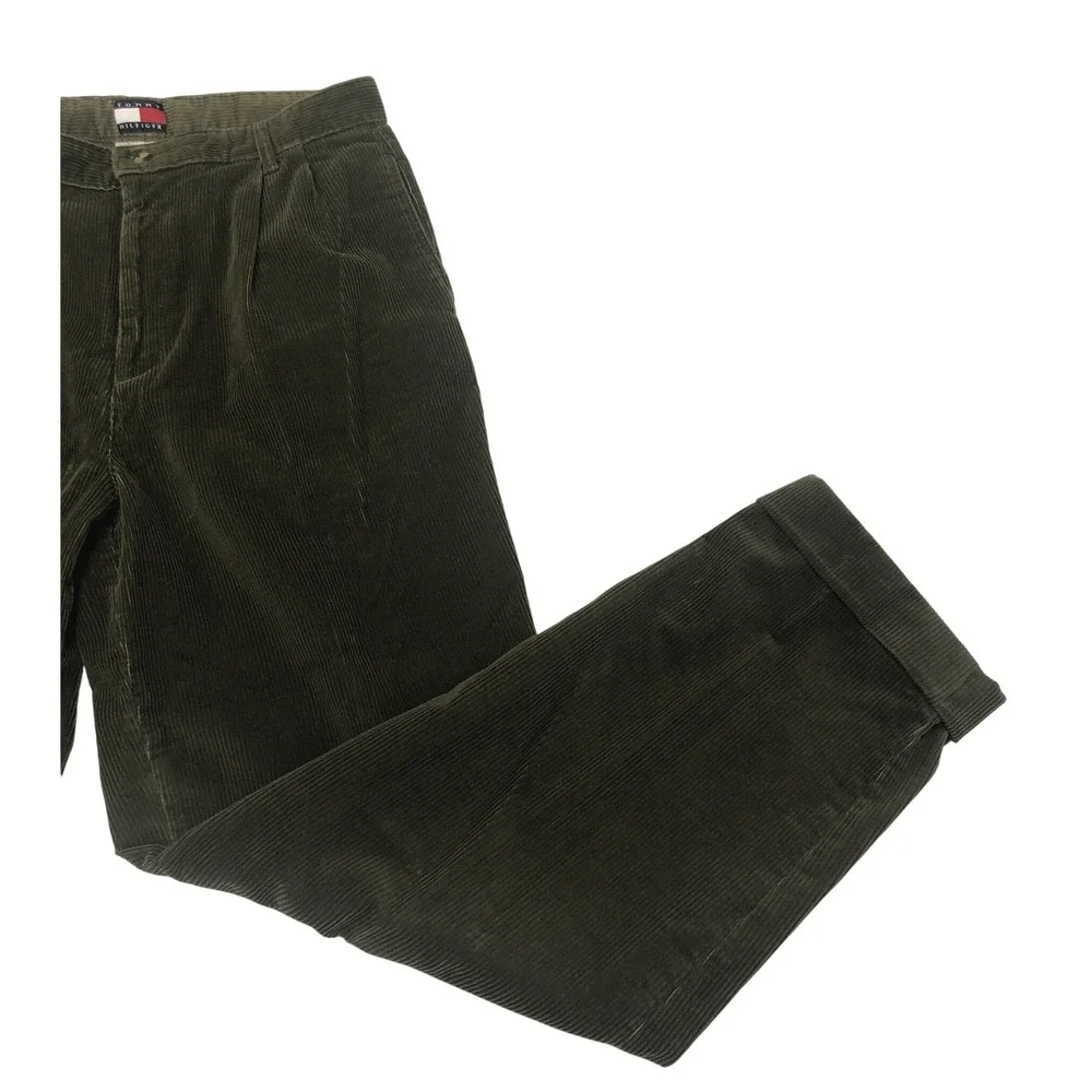Tommy Hilfiger Mens Olive Green Corduroy Pleated Cuffed Pants 34x35 Vintage
