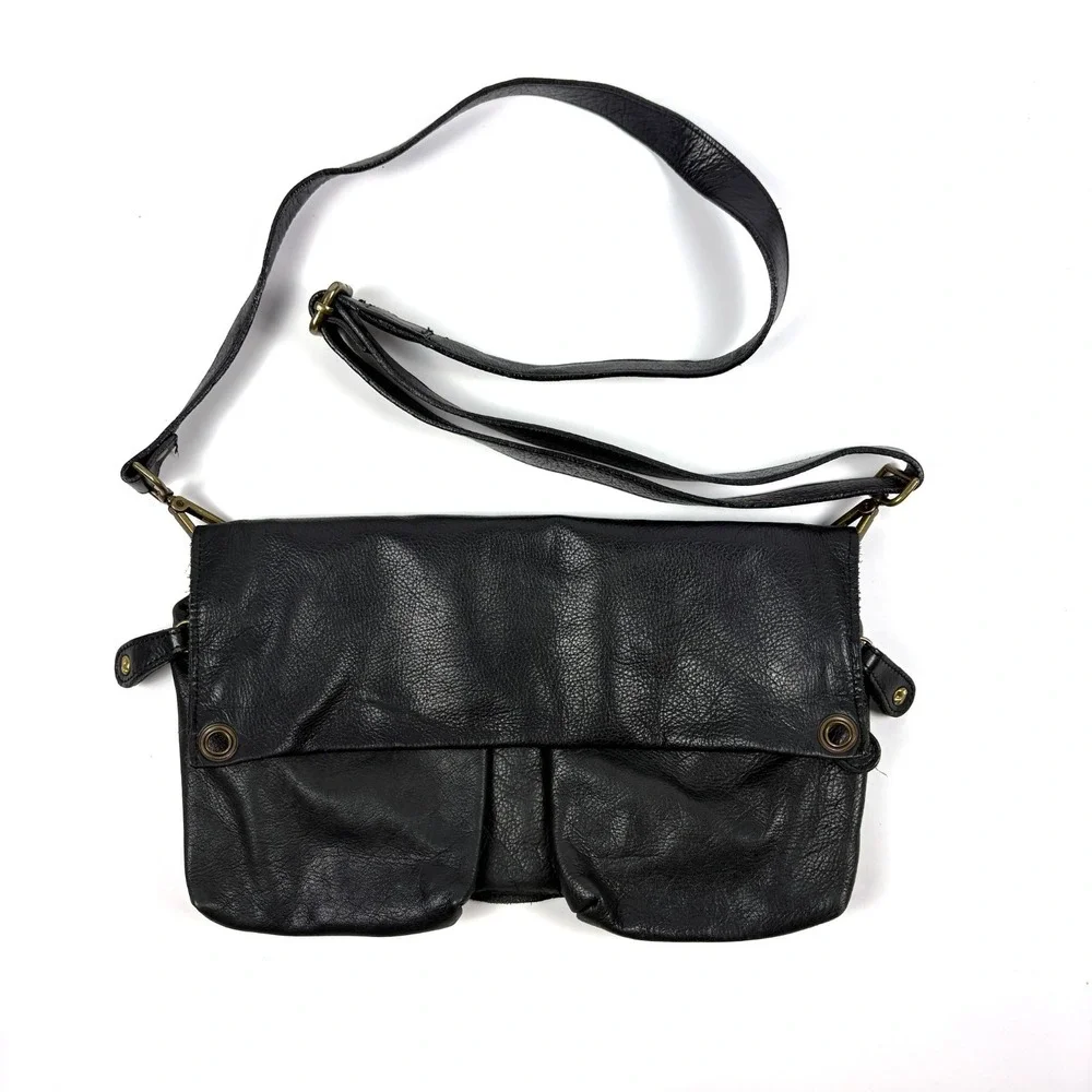 Y2K Pulicati Double Cargo Pocket Foldover Crossbody Bag Purse Black Leather Mili