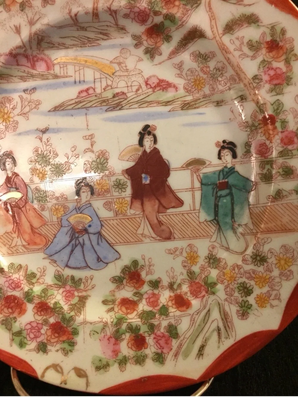 Vintage Decorative Plate with Geisha Scene in Red, Blue, Green