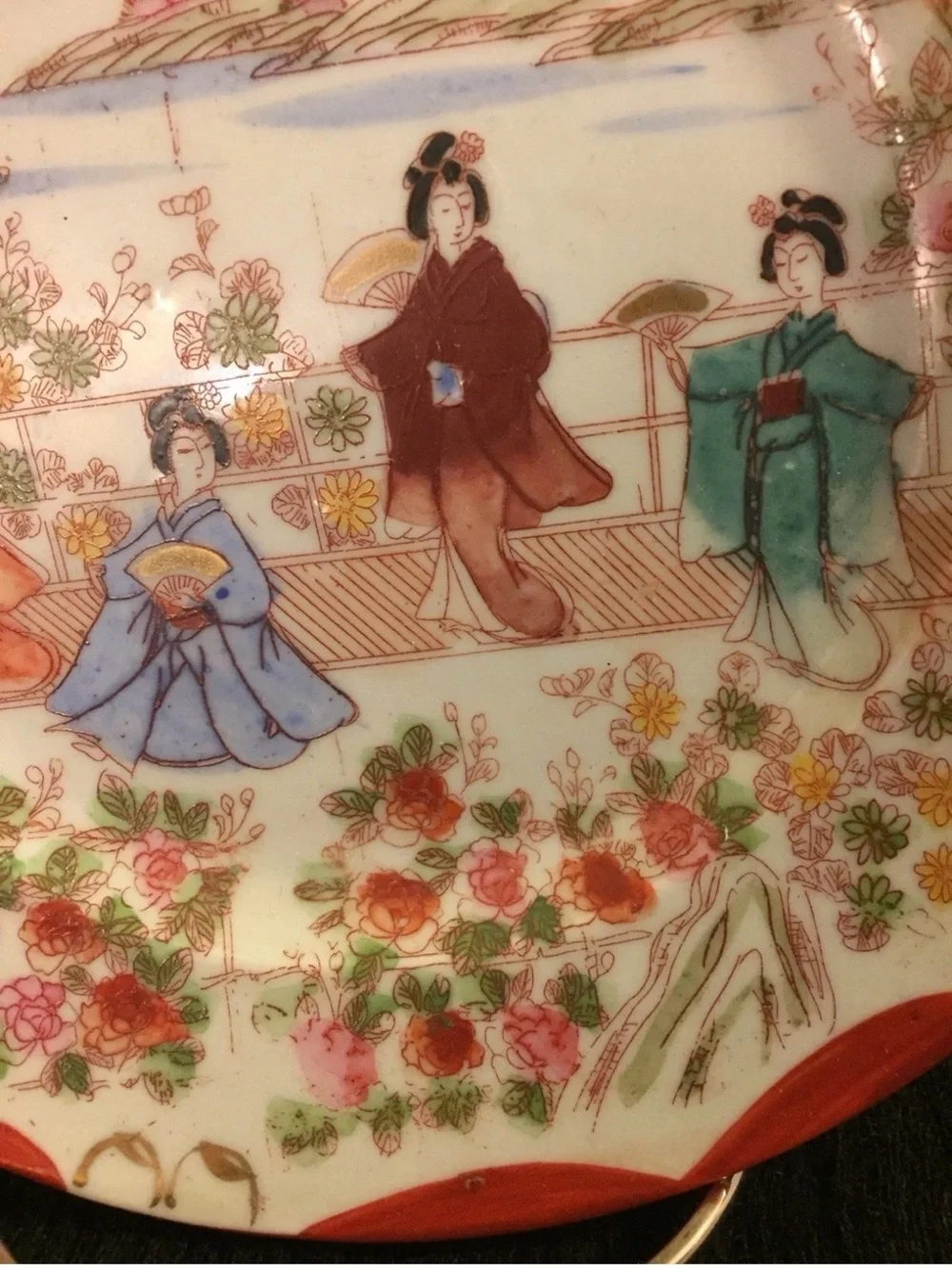 Vintage Decorative Plate with Geisha Scene in Red, Blue, Green