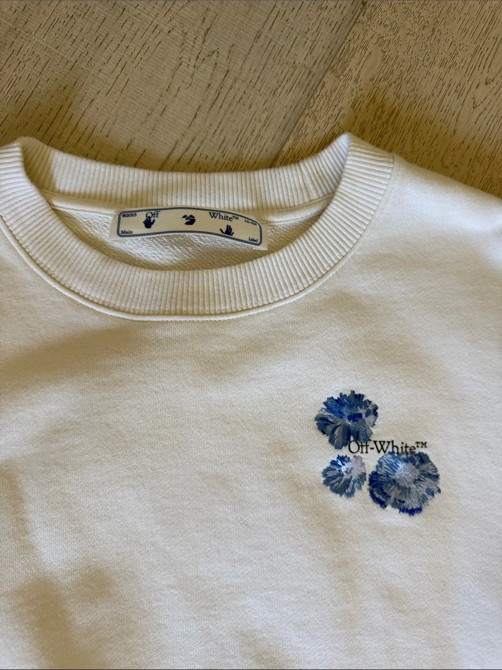 Off-White White Crewneck Sweatshirt with Blue Floral Motif