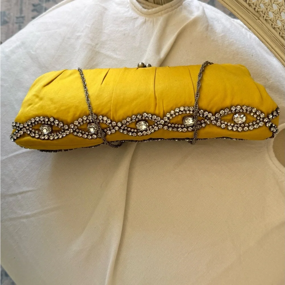 Yellow Satin Evening Clutch with Crystal Trim