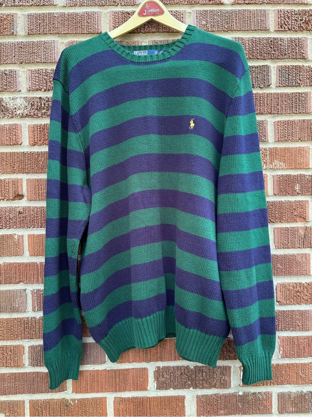 Vintage 90s Polo Ralph Lauren Mens Sz XXL Blue Green Striped Cotton Knit Sweater