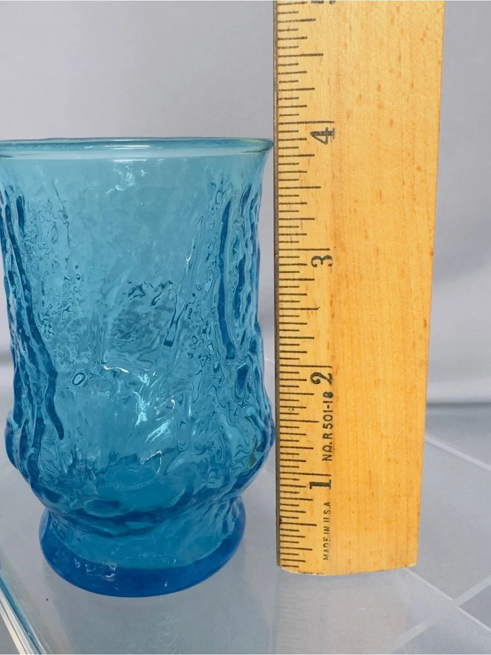 Set of 3 Textured Blue Glass Tumbler Anchor Hocking Rain Flower Juice Glasses 4'