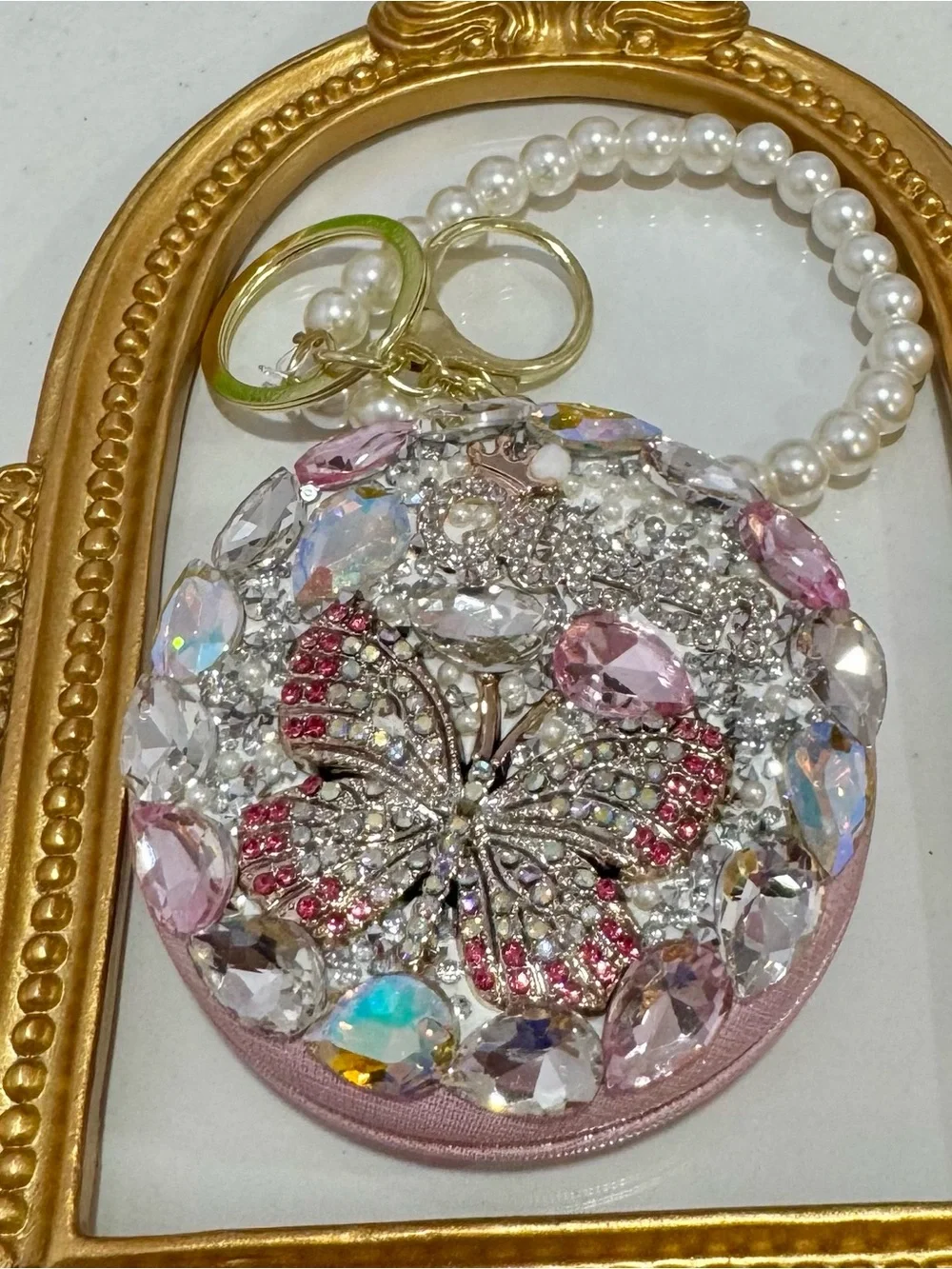 New Crystal Butterfly Mirror Key & Card Holder Wristlet in Pink