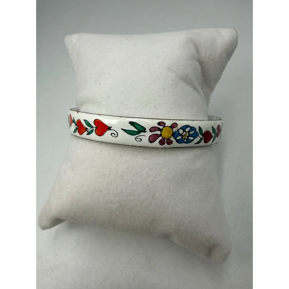 Vintage White Enamel Bangle Bracelet Floral Heart Hand Painted Boho Folk Art