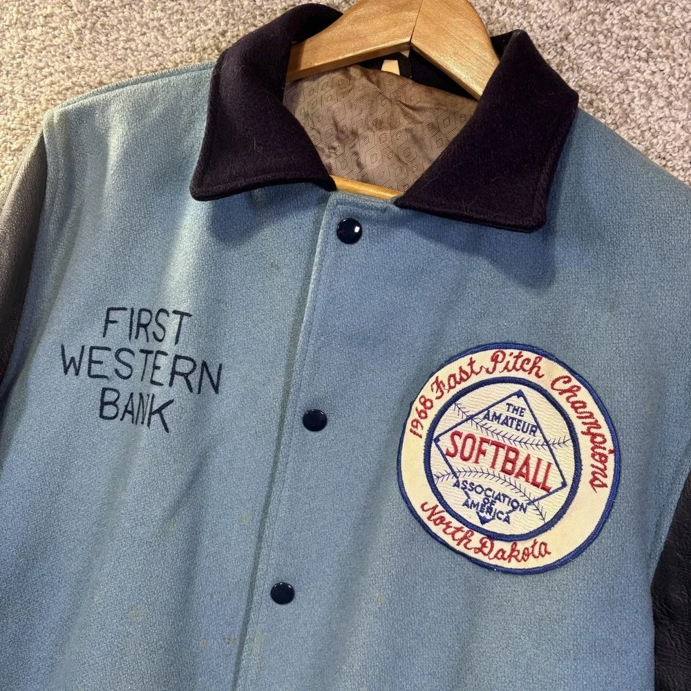Vintage‎ Butwin Jacket Mens 44 Blue Leather Varsity Softball 1968 North Dakota