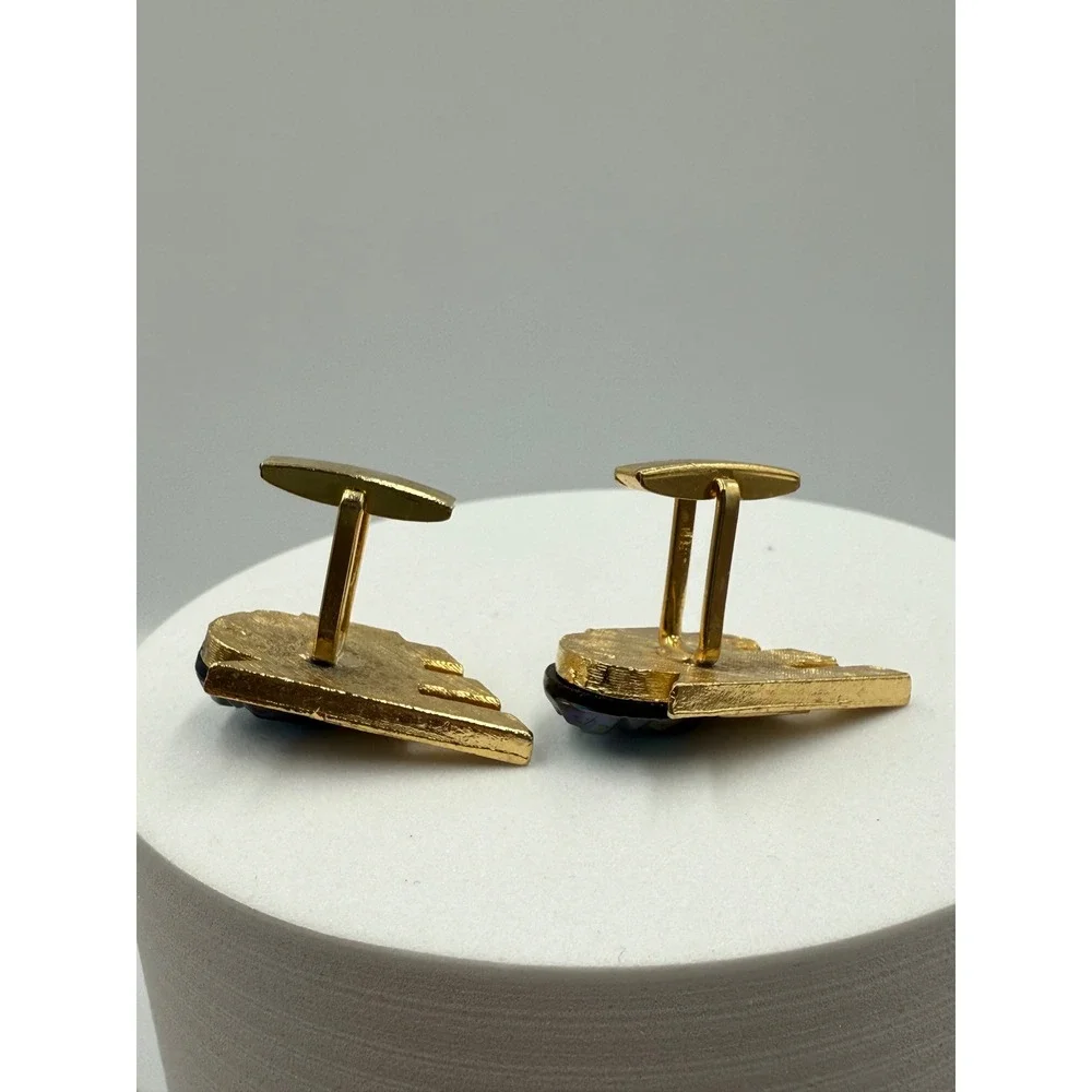 Vintage MCM Gold Tone Wing Cufflink and Tie Clip Set Aurora Borealis Glass Stone