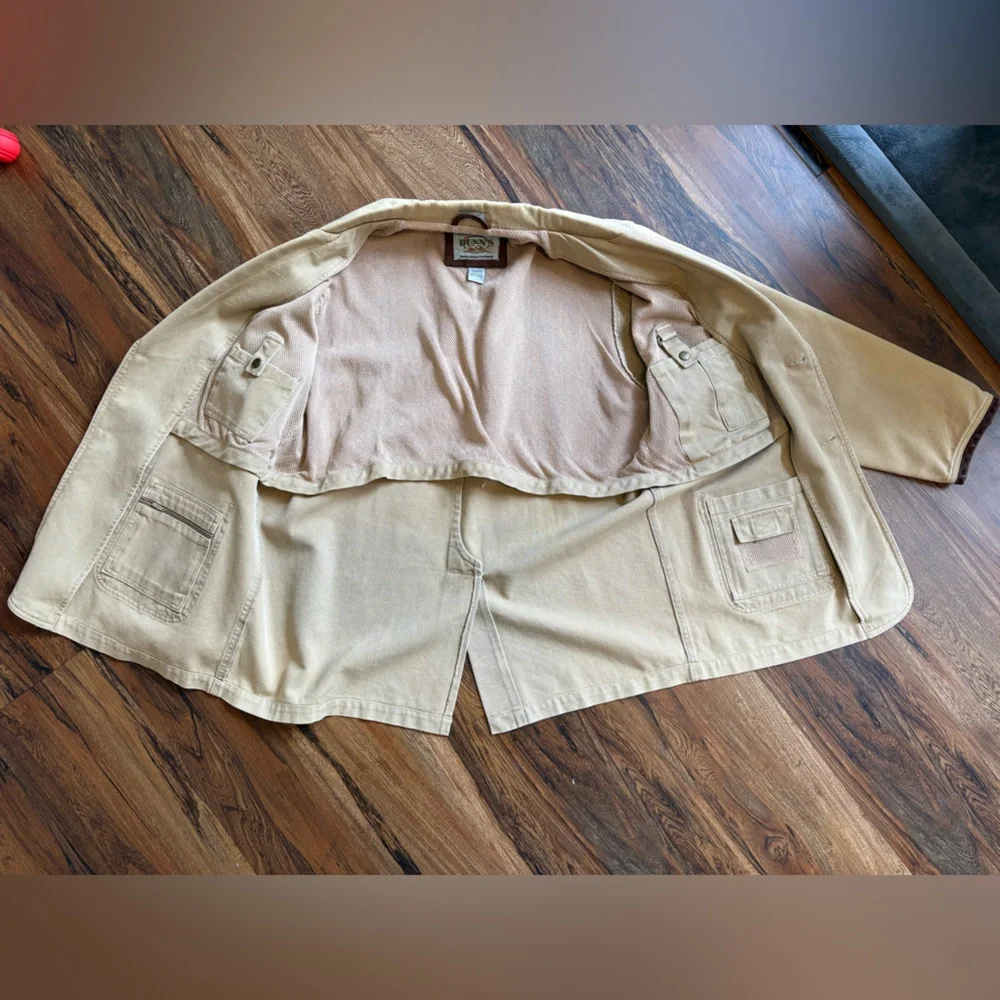 Dunn’s Supply Khaki Hunting Outdoor Shooting Jacket  100% Cotton Elbow Patches L
