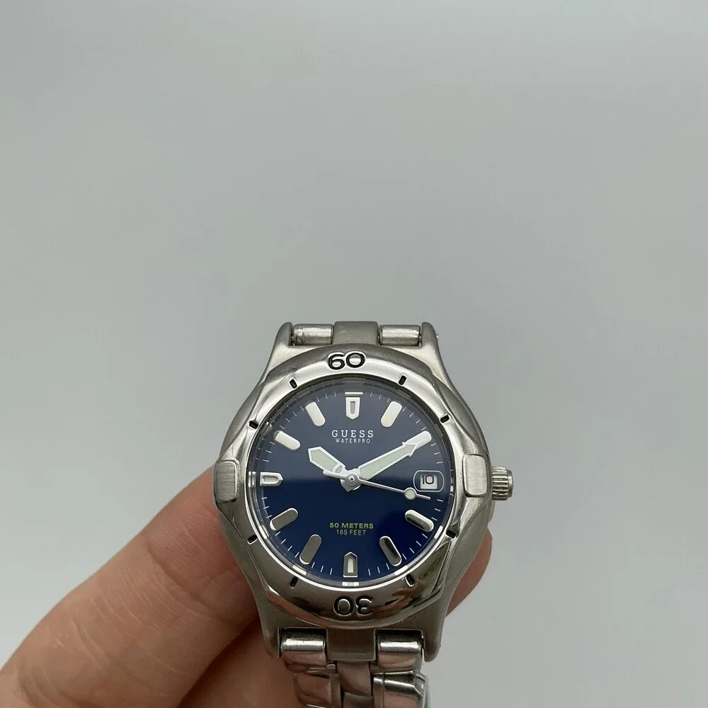 Guess Waterpro Womens Watch 28mm Blue Dial Date Stainless New Battery 6.25