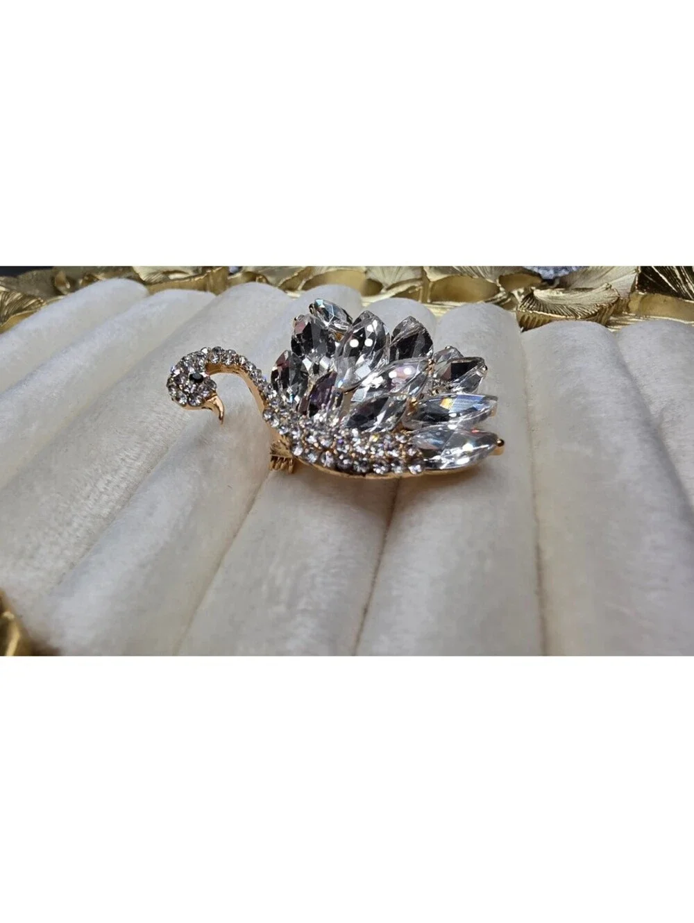 Elegant Gold-Tone Swan Brooch with Clear Crystals, Fashion Jewelry
