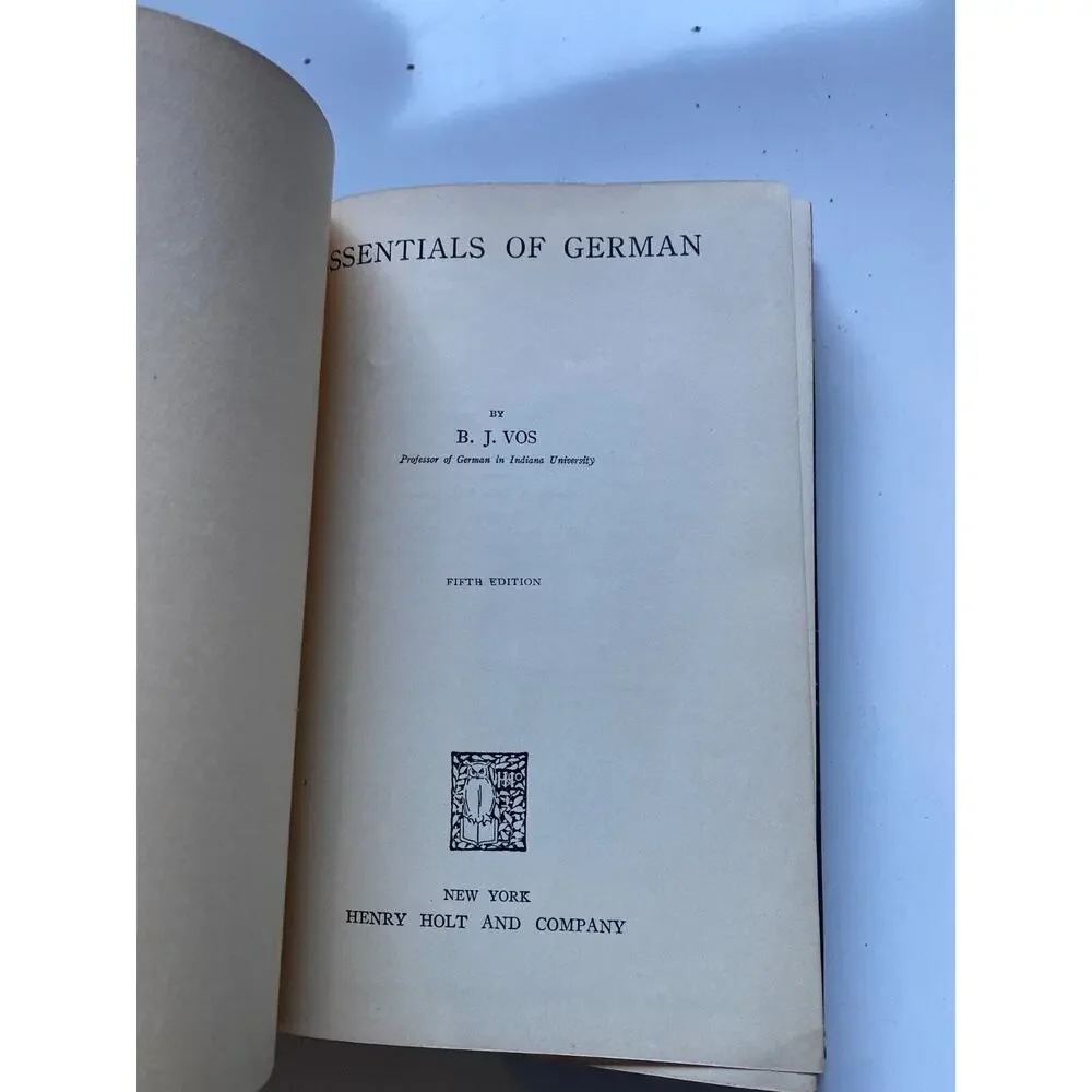 Fifth Edition 1929 Essentials of German B. J. Vos Henry Holt & Co Vintage Book