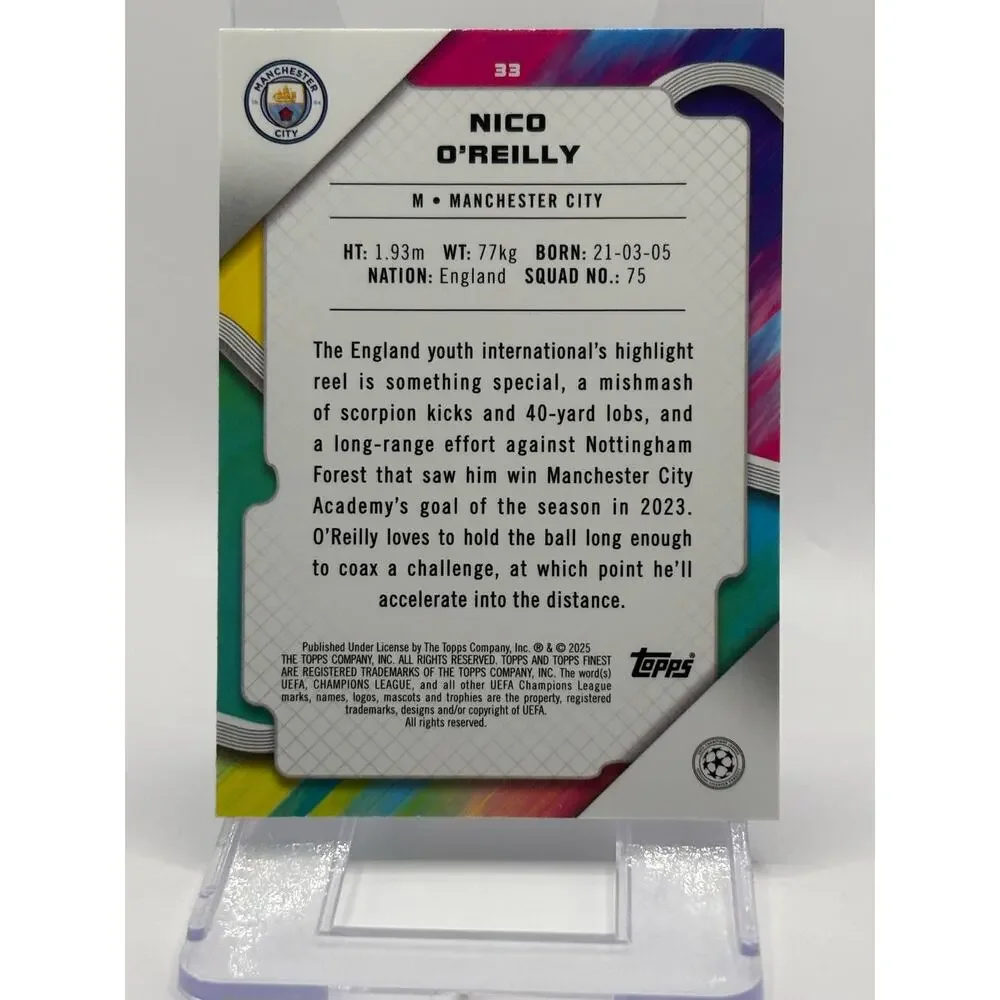 2024-25 Topps Finest UEFA Nico O'Reilly Rookie Blue Refractor /275 SP Man City