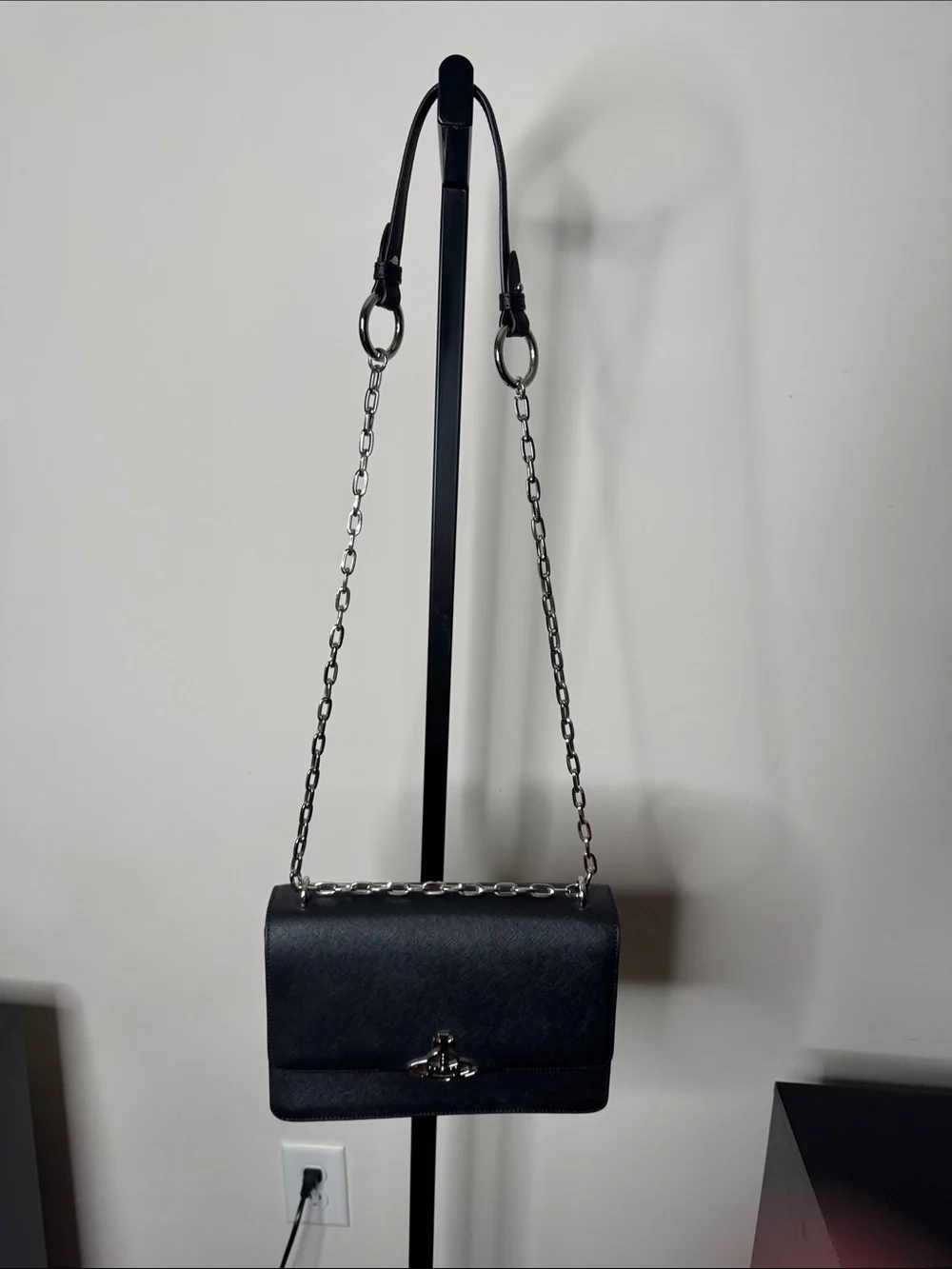 Vivienne Westwood Black Leather Shoulder Bag with Silver Chain