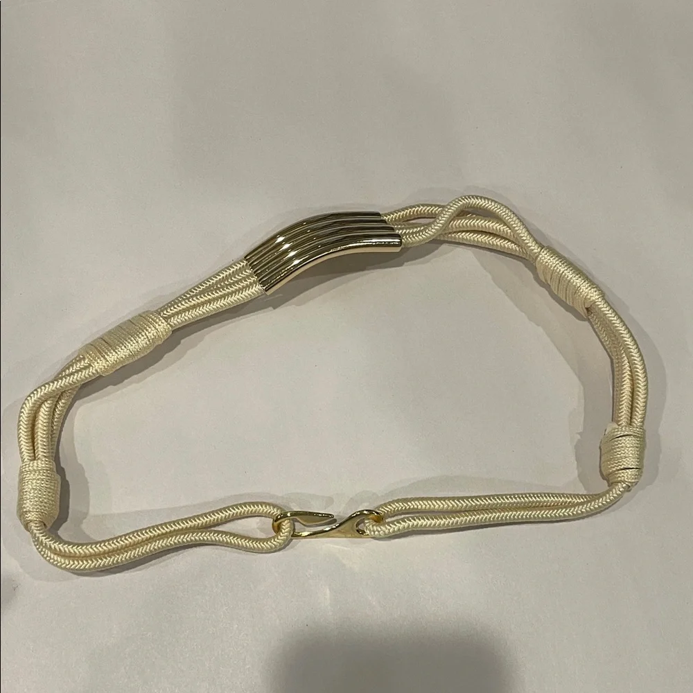 Cream Braided Rope Belt with Gold Metal Accents & Hook Closure – 28.5” Boho Chic