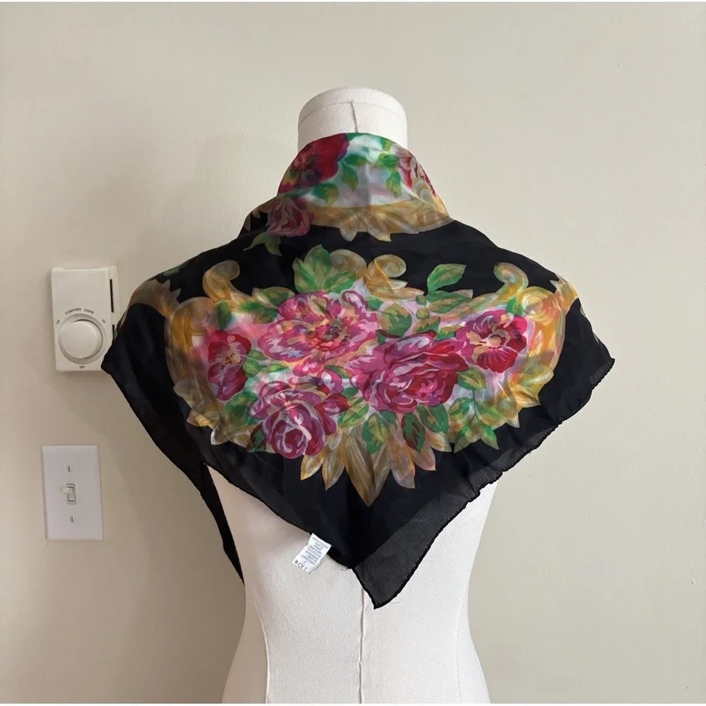 Vintage 100% Silk Scarf Echo Black Pink Green Vintage Retro 80s 90s 2000s Chic
