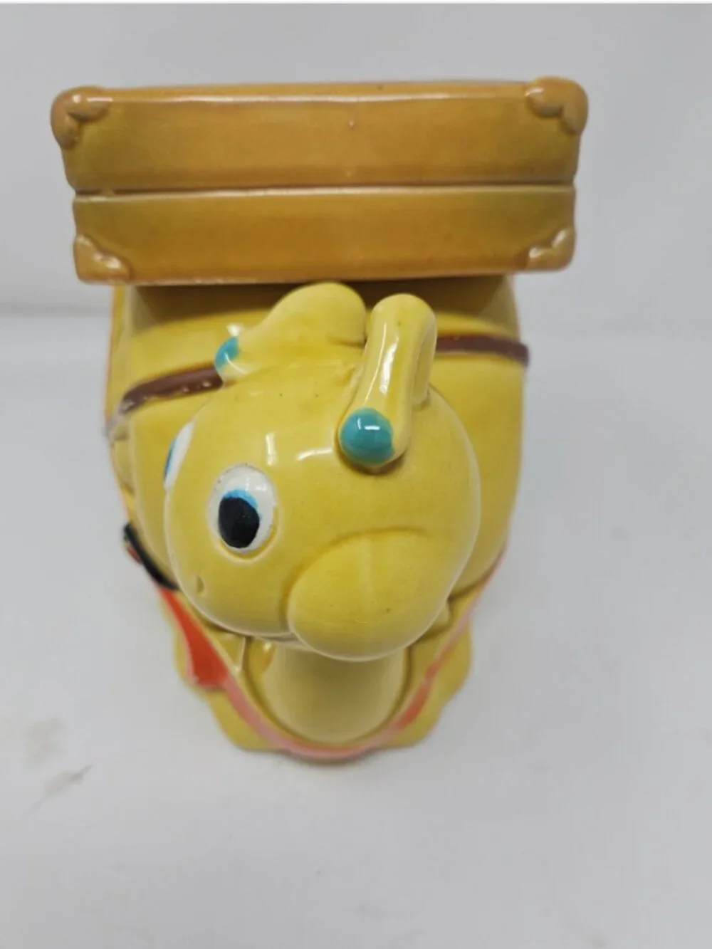 Vintage 1970 Cookie Jar Smiling Snail Suitcase Luggage Japan Harvest Gold Orange