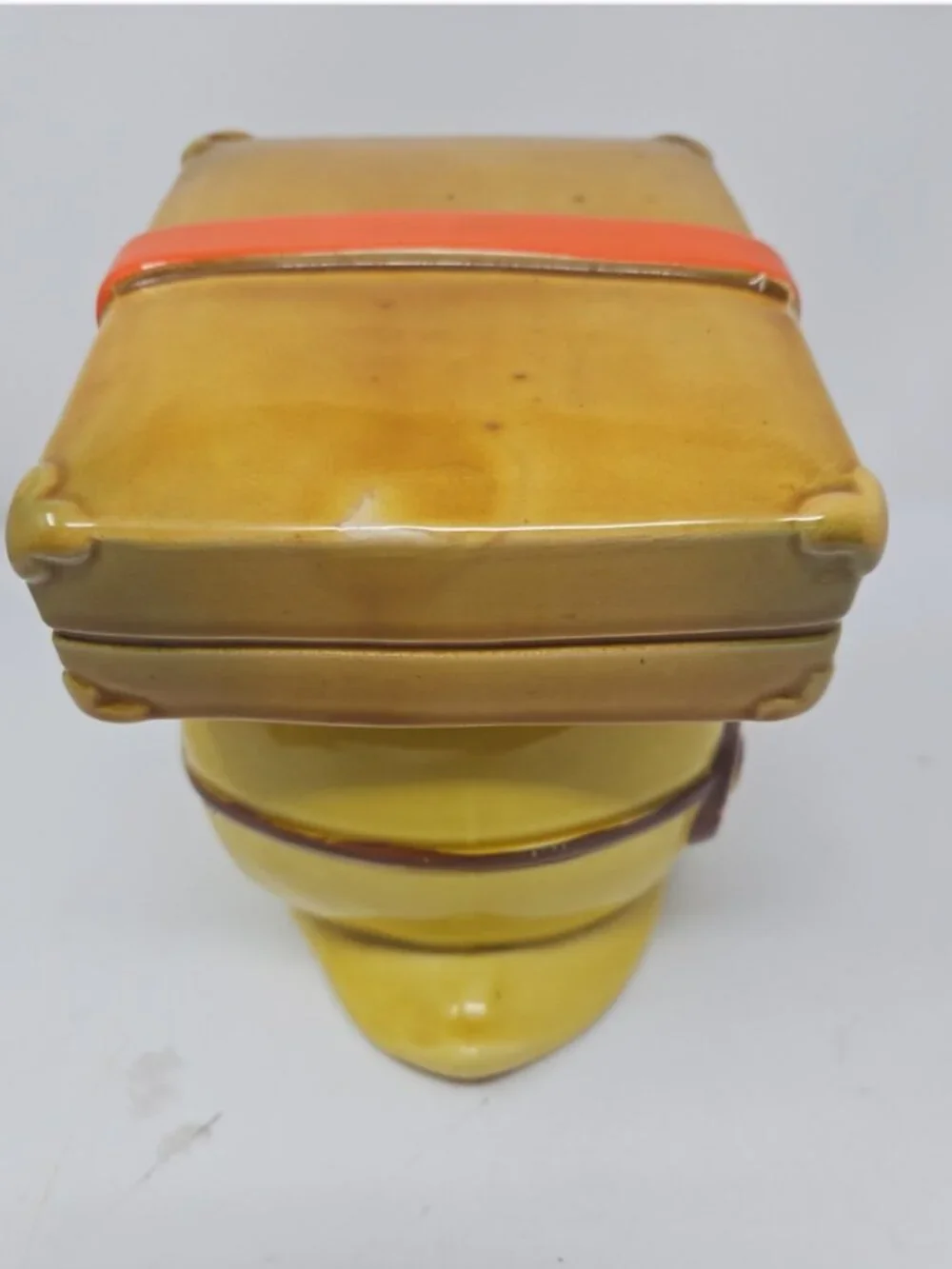 Vintage 1970 Cookie Jar Smiling Snail Suitcase Luggage Japan Harvest Gold Orange