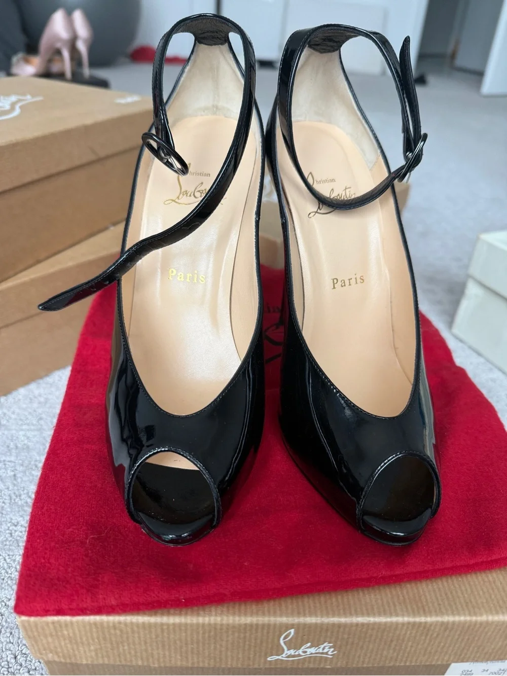 Christian Louboutin Black Patent Leather Peep-Toe Heels