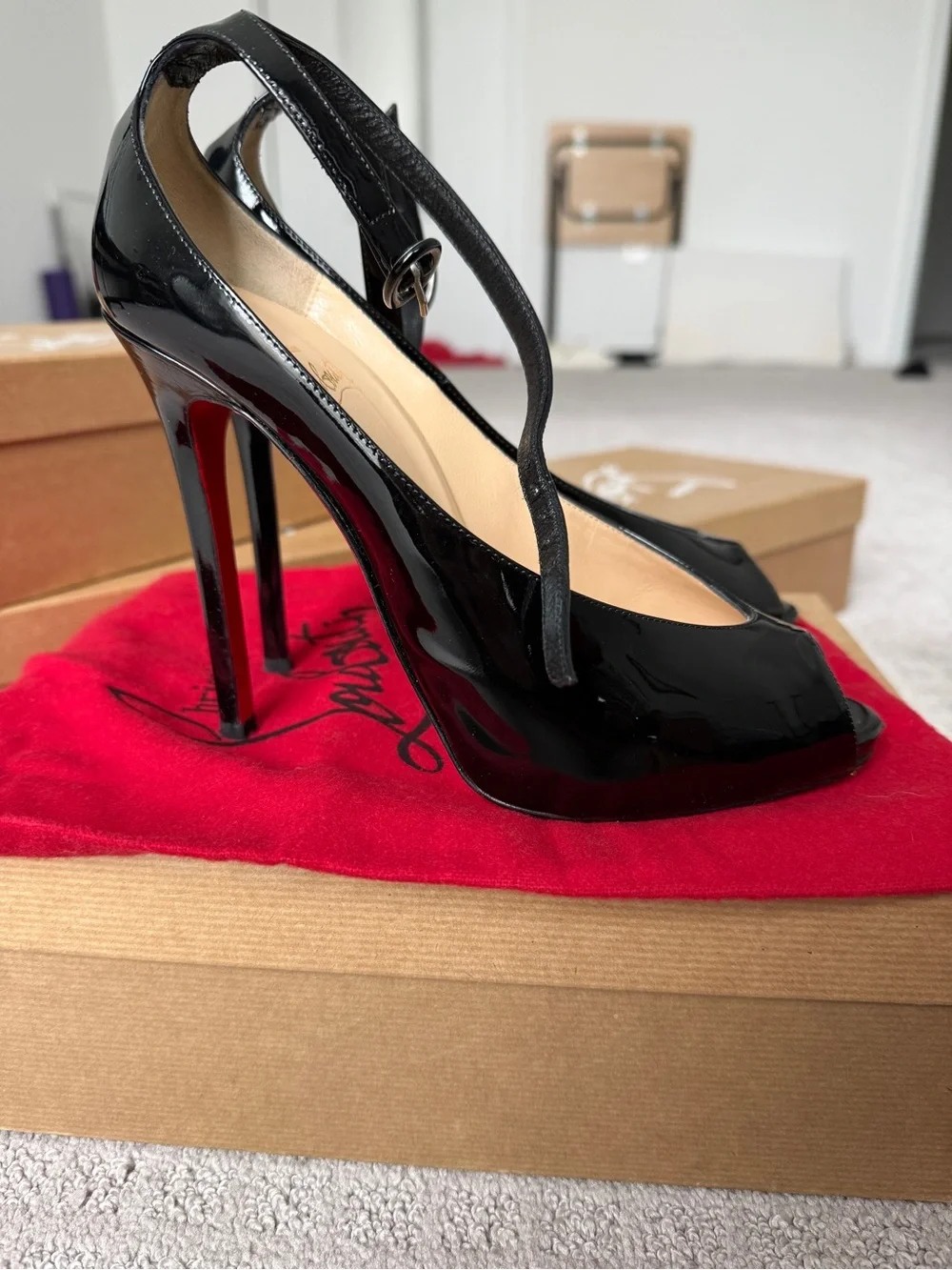 Christian Louboutin Black Patent Leather Peep-Toe Heels