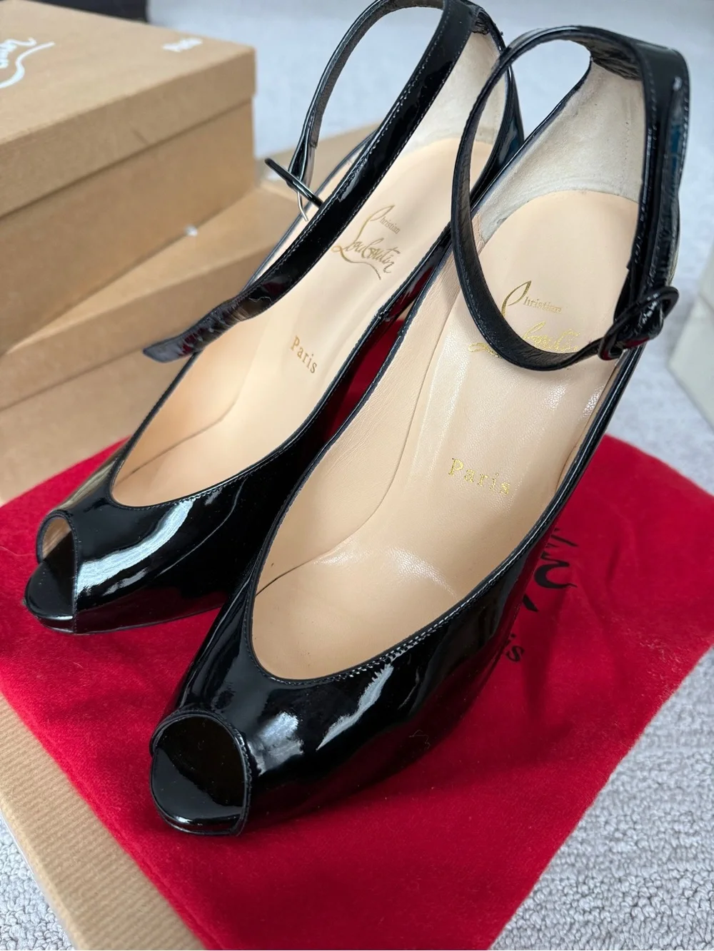 Christian Louboutin Black Patent Leather Peep-Toe Heels