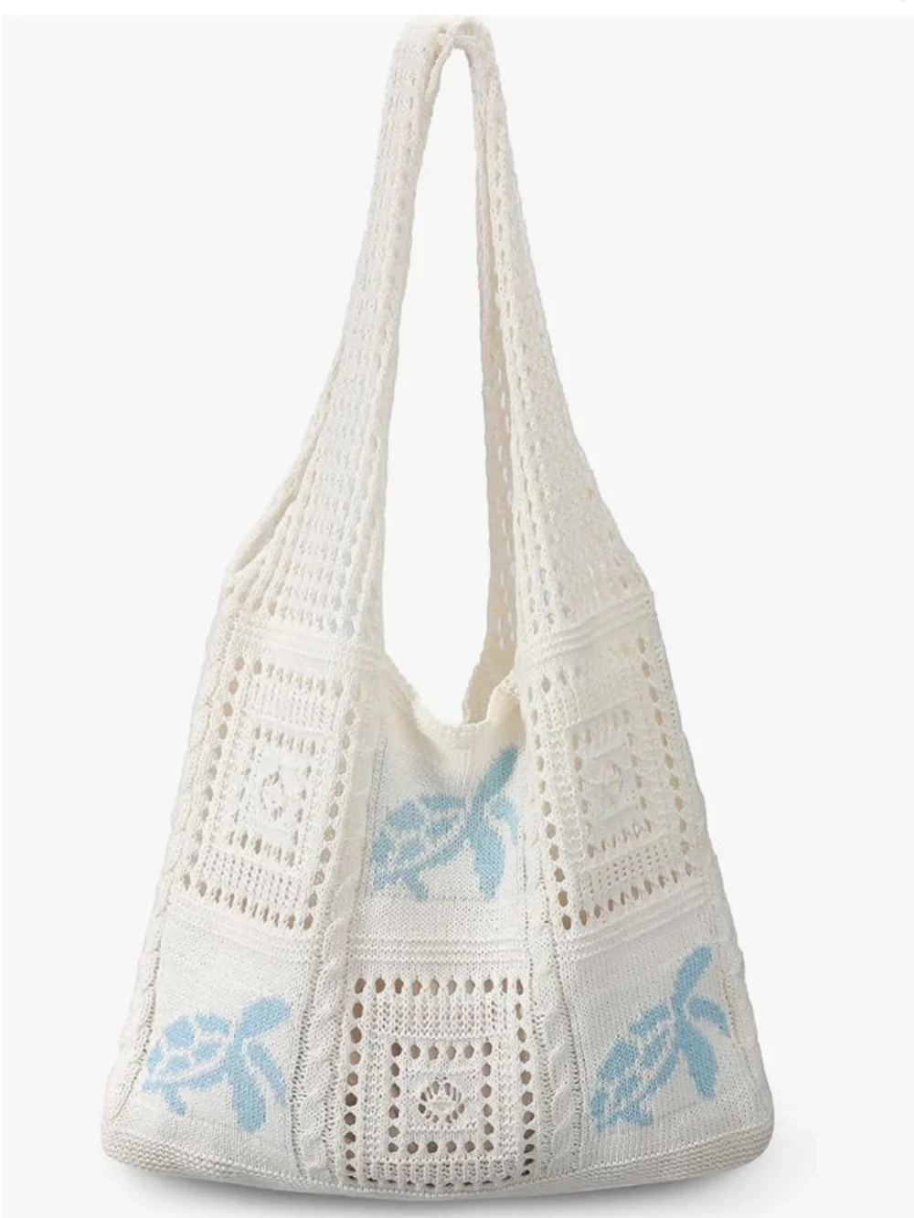 Cream Crochet Shoulder Tote with Light Blue Turtle Motif