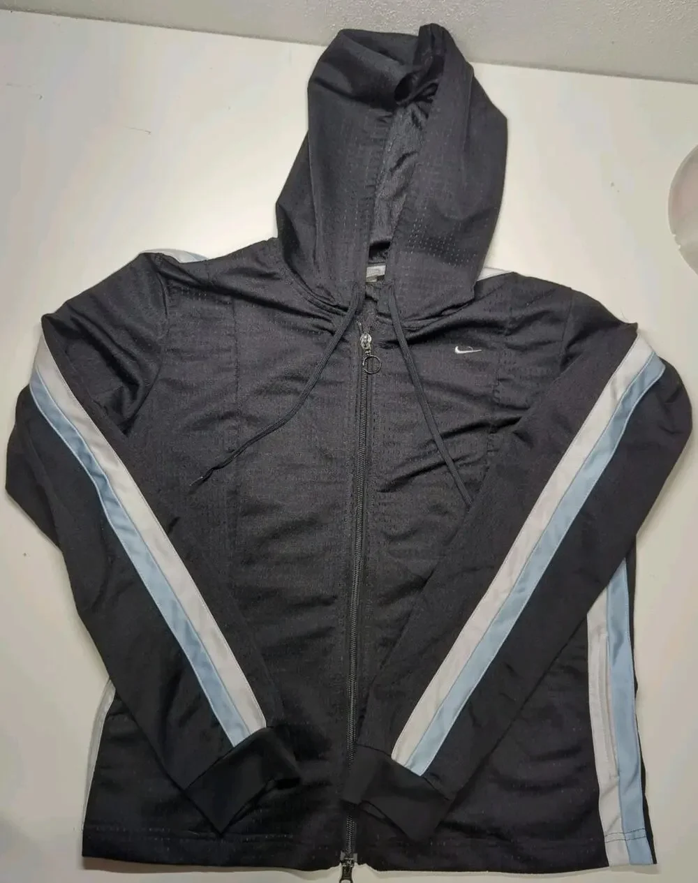 Nike Black wth Blue/White Stripes Mesh Full Zip Hoodie Track Jacket Women's Sz L