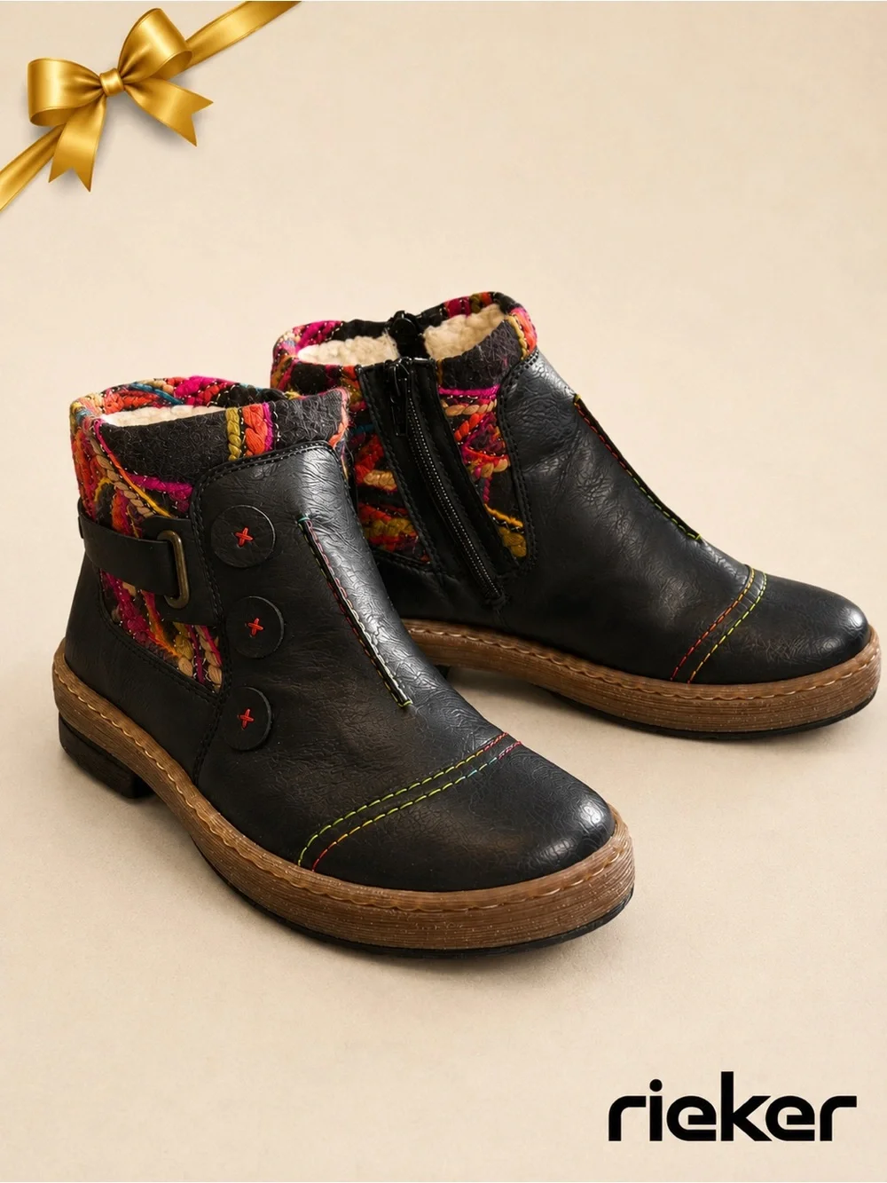 Rieker Black Leather Ankle Boots Faux Fur Lined Colorful Stitching US 11 NWT
