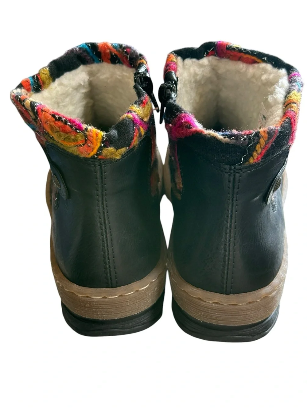 Rieker Black Leather Ankle Boots Faux Fur Lined Colorful Stitching US 11 NWT