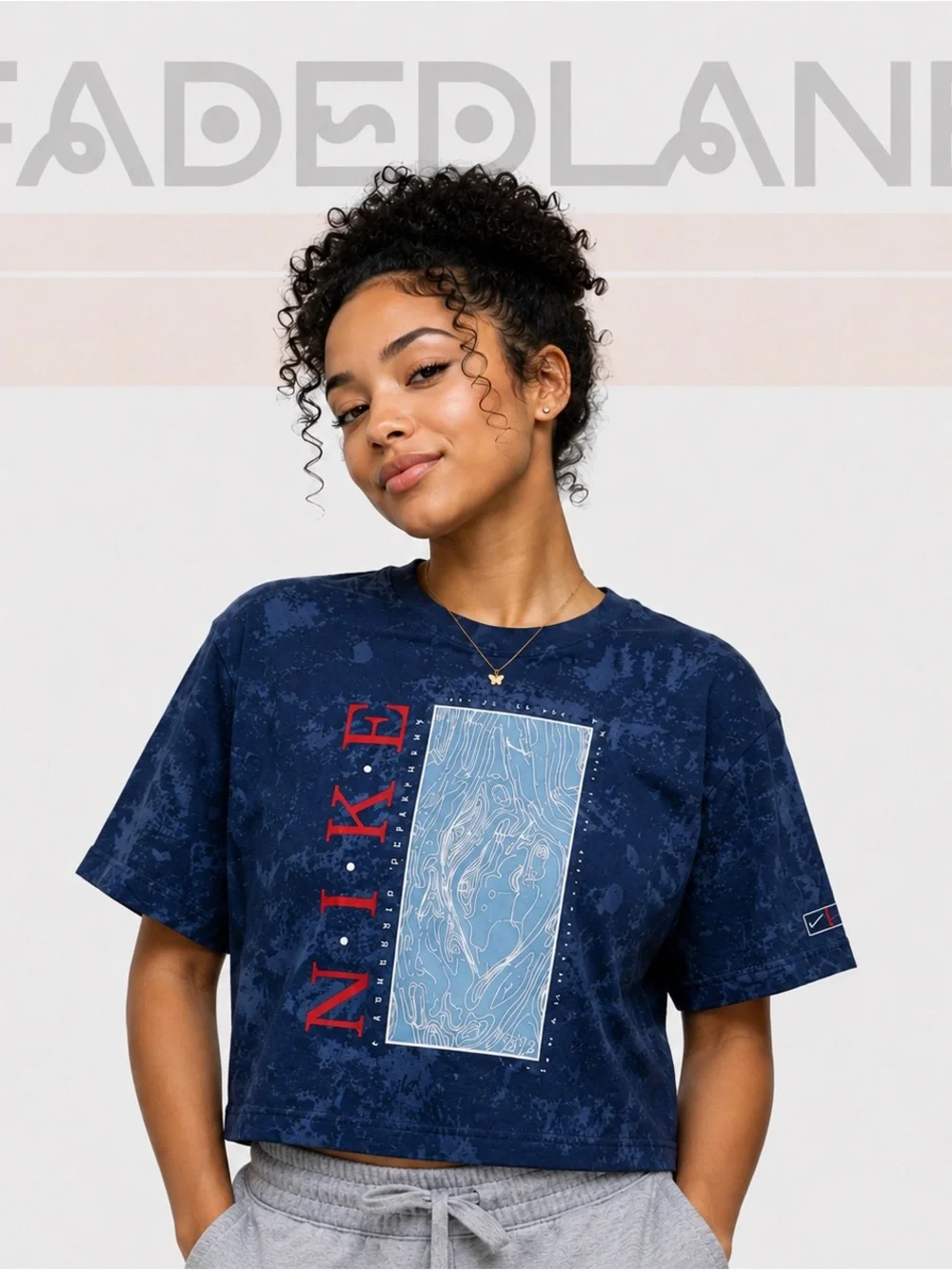 Nike women Blue Tie-Dye Crop Tee with Red Logo