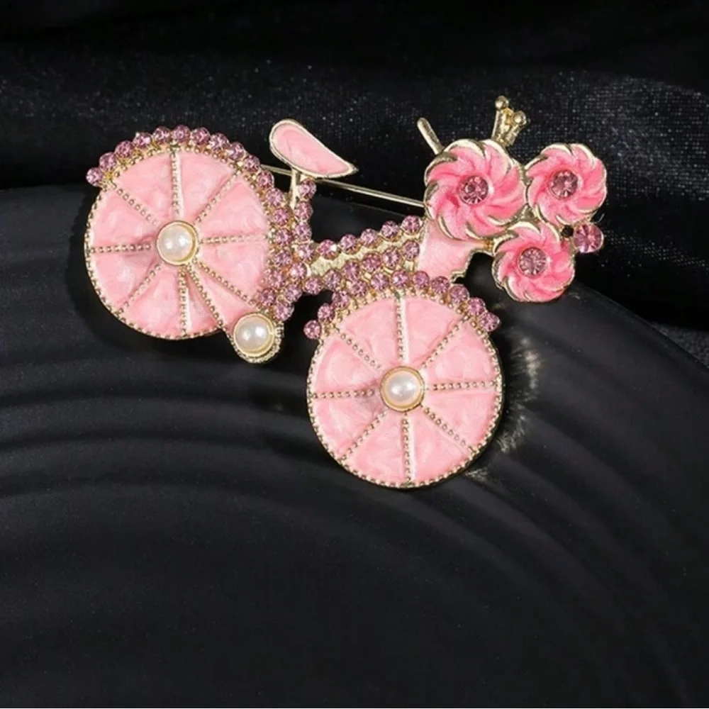 Pink Bicycle Brooch w/ Pearls, Pink Bike Brooch, Spring Brooch, Feminine Brooch