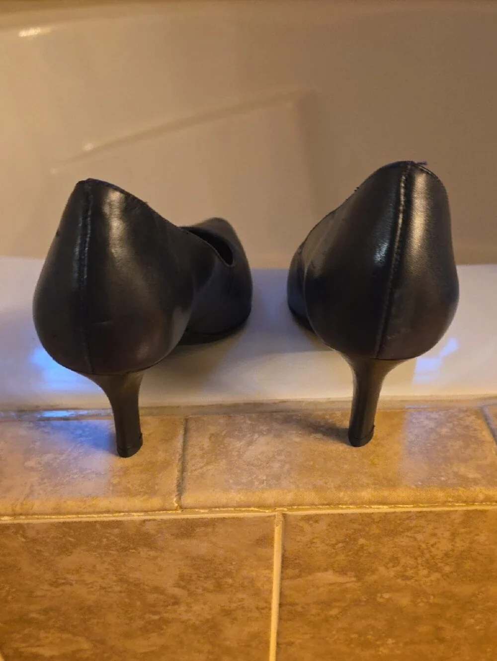 ANTONIO MELANI Dark Navy Blue Pointed Toe Leather Pumps with Tan Insole