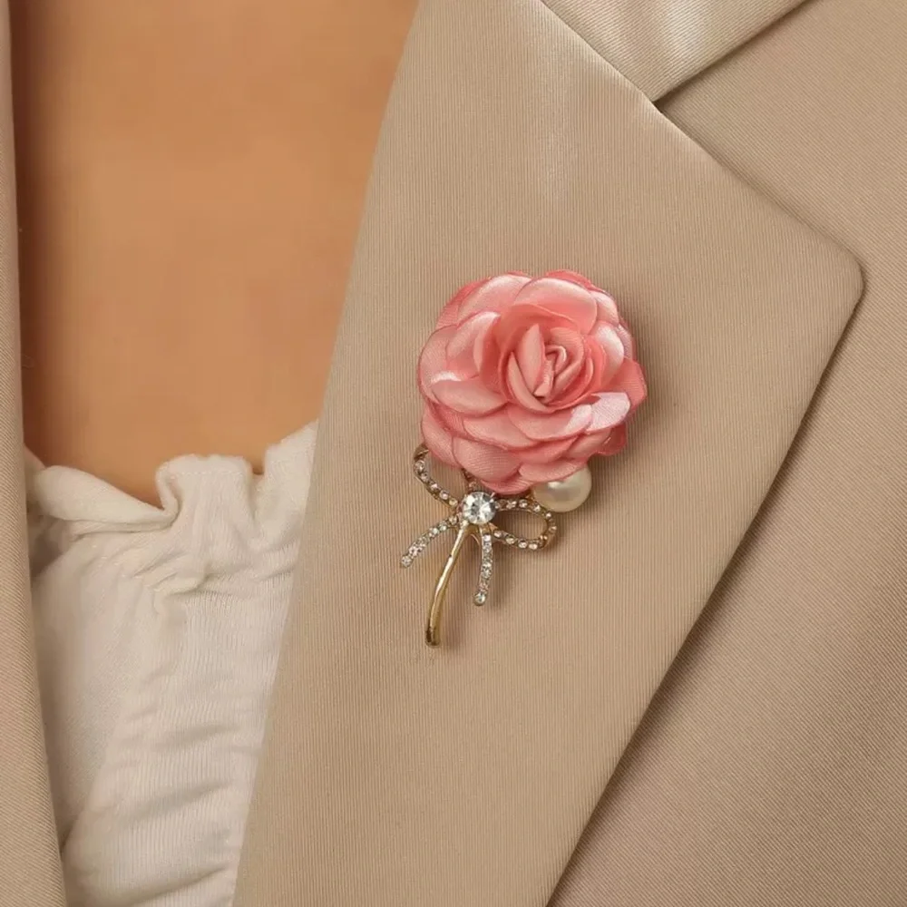 Pink Rose Brooch w/ Gold Bow and Pearl Accent, Fabric Rose Brooch, Flower Brooch