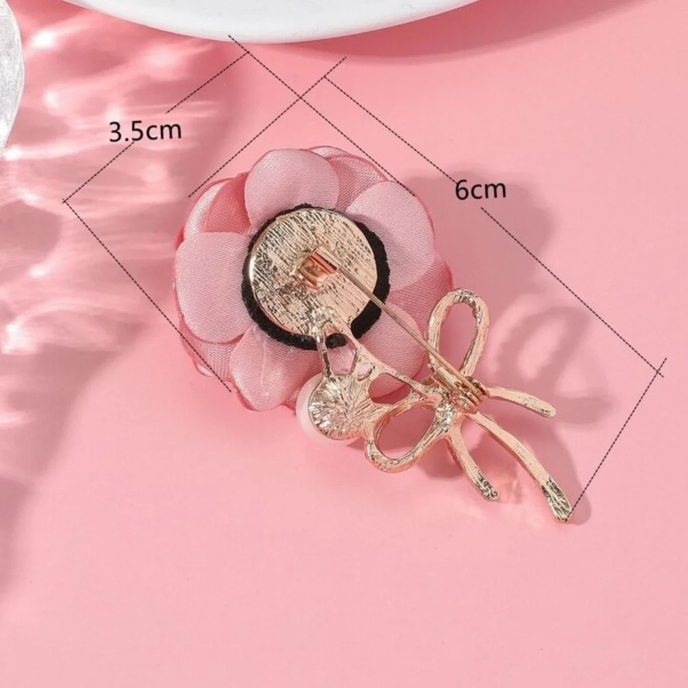 Pink Rose Brooch w/ Gold Bow and Pearl Accent, Fabric Rose Brooch, Flower Brooch