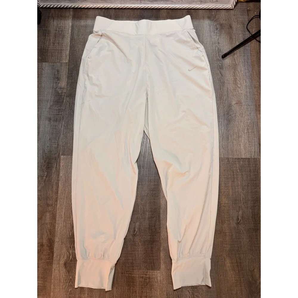 Nike Dri-FIT Womens High Rise Joggers Light Gray Tapered Athletic Pants Large