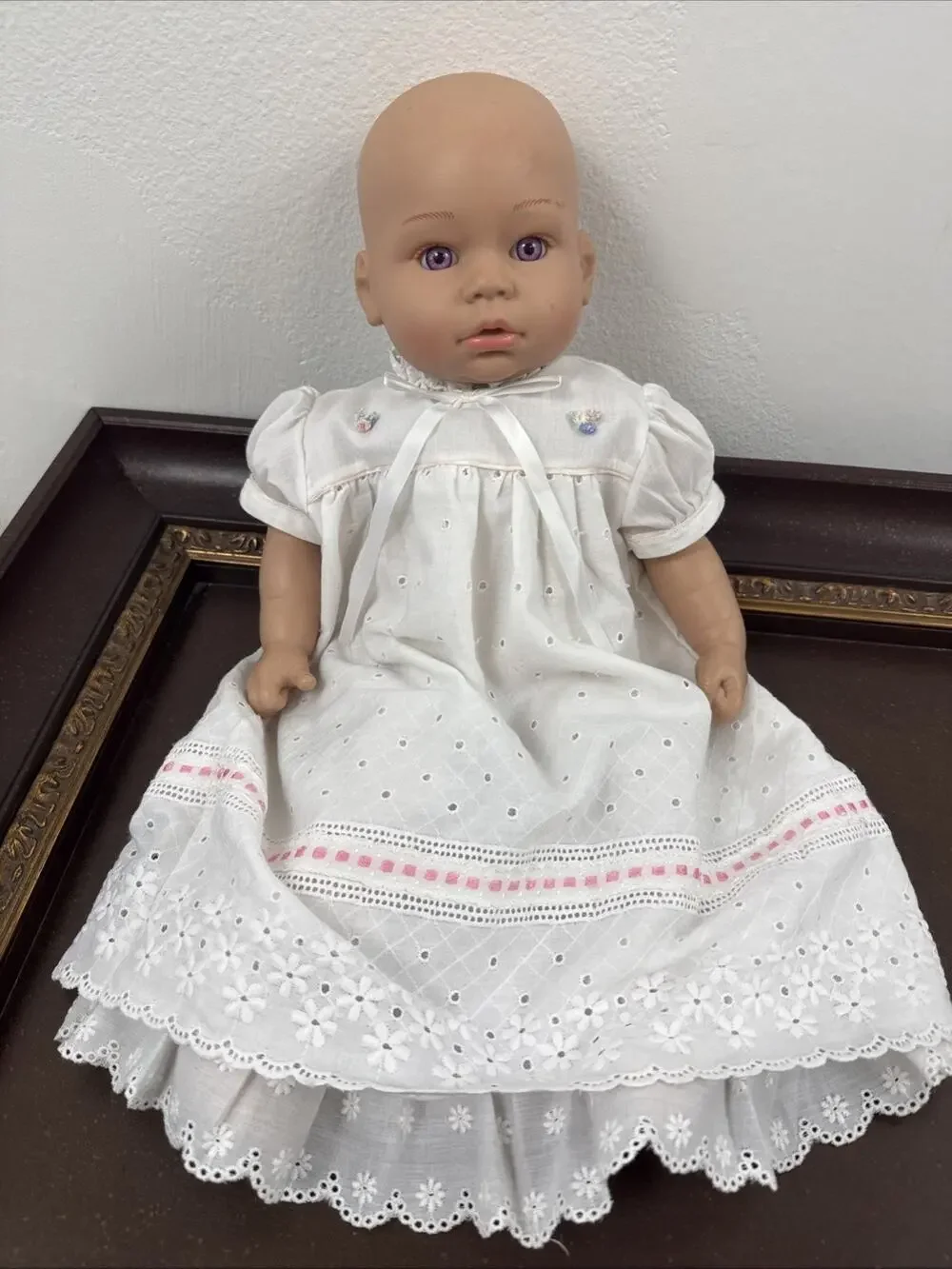 Madame Alexander 2018 Baby Doll Purple Eyes White Christening Baptism Gown Dress