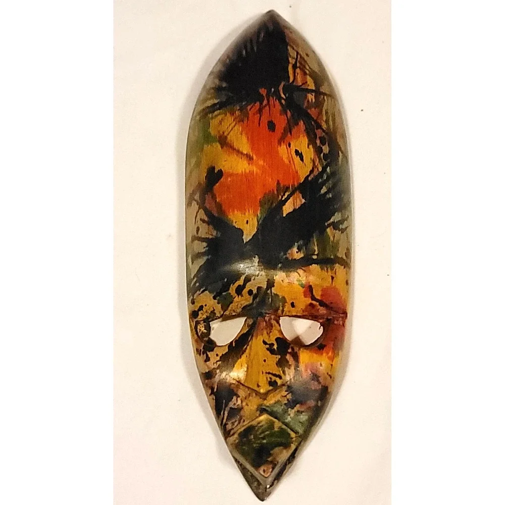 Colorful Africa Wooden Elongated Tribal Mask Hand Carved Wall Hanging Ghanaian