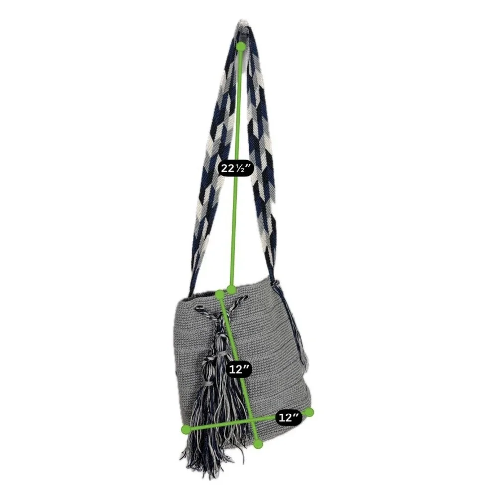 Unbranded Wayuu Style Woven Mochila Bucket Bag Gray Tassel Boho Shoulder Bag