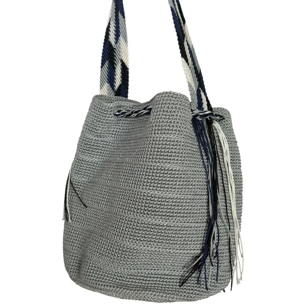 Unbranded Wayuu Style Woven Mochila Bucket Bag Gray Tassel Boho Shoulder Bag