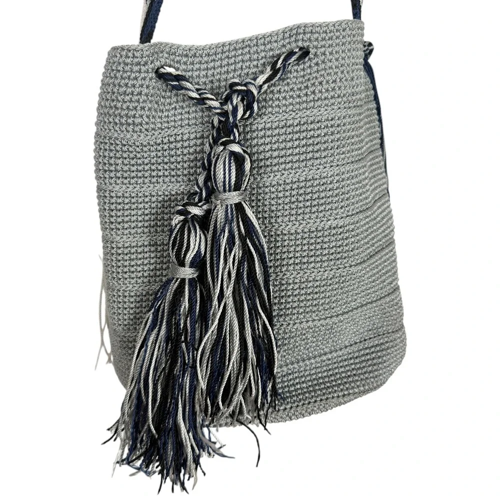 Unbranded Wayuu Style Woven Mochila Bucket Bag Gray Tassel Boho Shoulder Bag